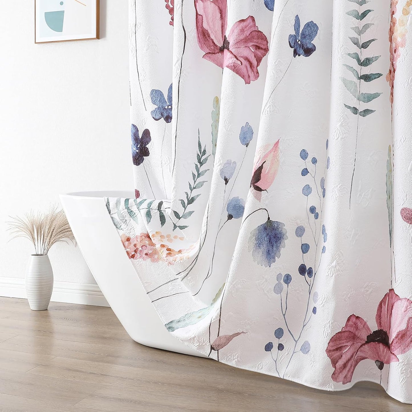 QiyI Spring Floral Shower Curtain, Watercolor Wildflowers Minimalist Bath Set, 3D Embossed Butterflies Botanical Flower Bathroom, Waterproof Fabric With Hooks, 72x72