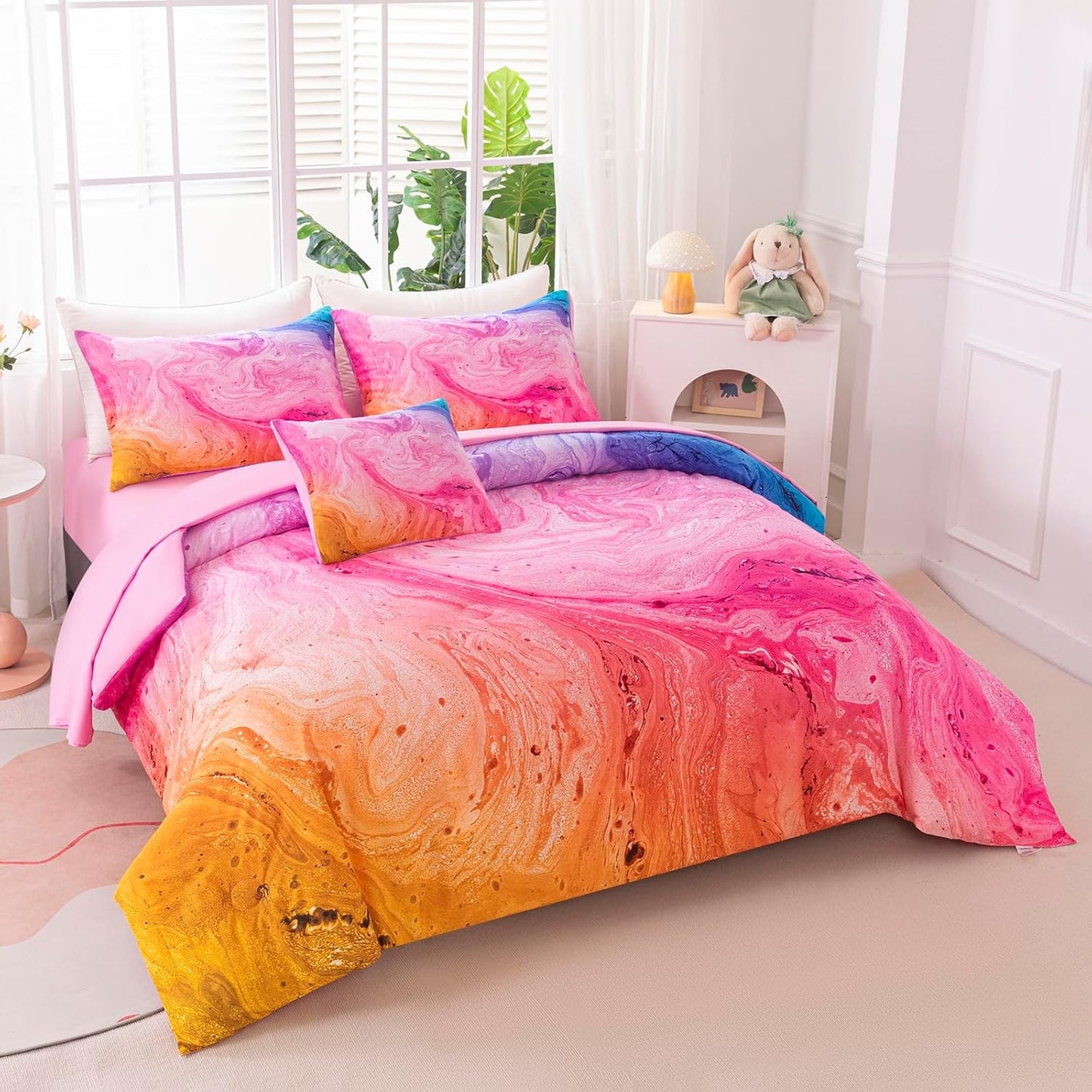 6Pcs Tie Dye Twin Comforter Set for Girls Kids, Watercolor Marble Abstract Art Pink Bedding Sets Twin Bed in A Bag (1 Comforter, 1 Flat Sheet, 1 Fitted Sheet, 1 Cushion Cover, 2 Pillowcases)