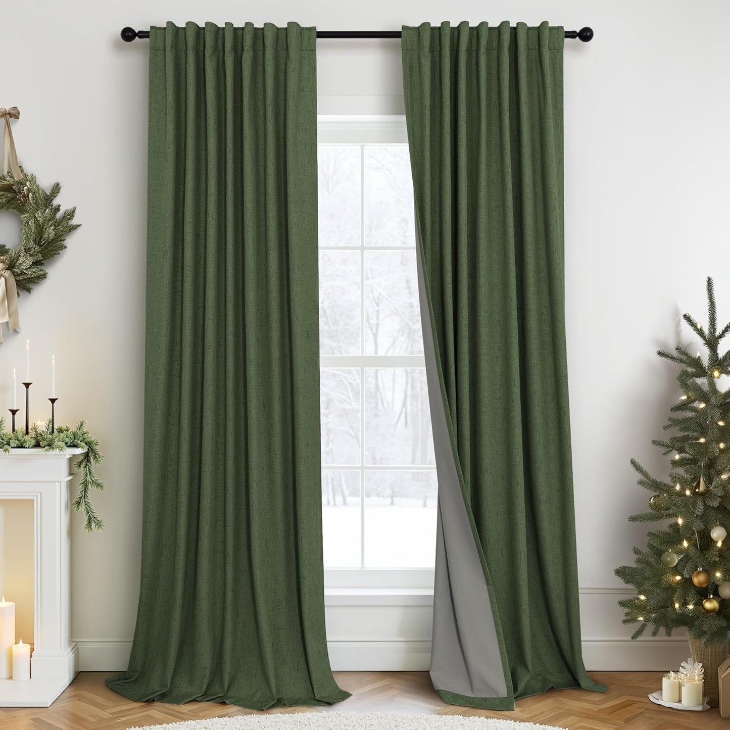 Olive Green Blackout Curtains for Bedroom 96 Inches Long Floor Length 2 Panel Vintage Earth Tone Earthy Academia Dark Out Curtain for Sliding Doors Living Room Darkening Thermal Linen Drape Army Green