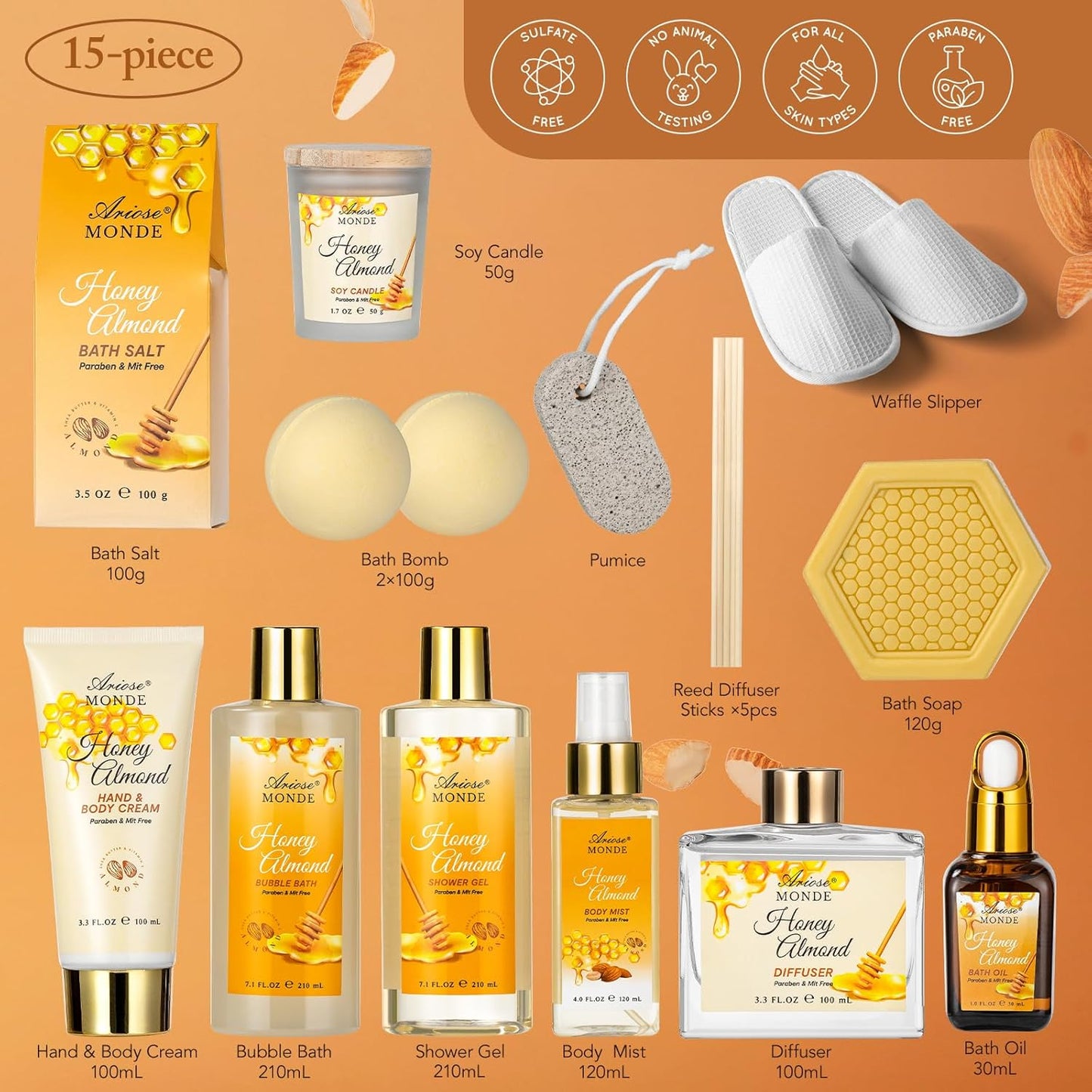 Bath & Body Gift Set, Luxury Home Spa Bath Gift Basket, Honey Almond Scented Bath Set, Pamper Gifts for Women & Teens, 15 Pcs Relaxing Home Spa Kit with Bubble Bath, Bath Salts, Body Lotion