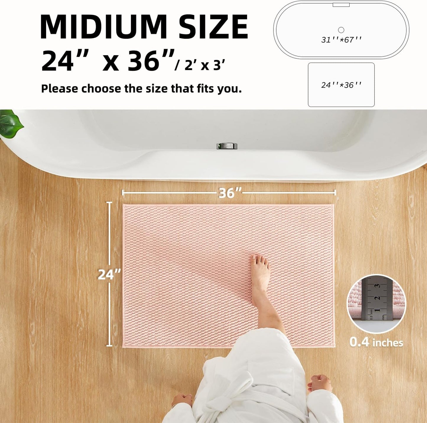 Bathroom Rugs Non Slip Washable, Super Absorbent Thin Bath Mat Quick Dry Low Pile Bathroom Rug, Pink 24"x36"