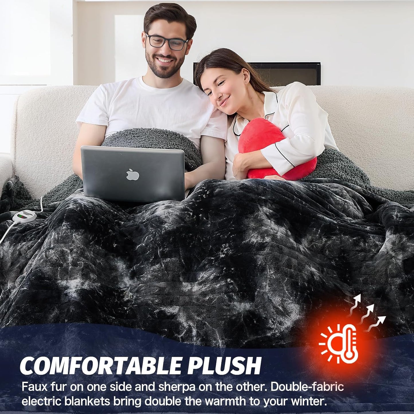 greenoak Heated Electric Blanket Full, Faux Fur Sherpa Heating Blanket for Sofa Bed, Warm Winter Gifts for Women/Men, Heater Lap Blankets 5-Position Timer &10 Heating Levels 72''*84" Black