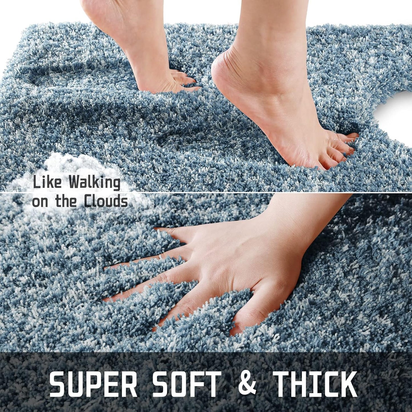 Yimobra Toilet Rugs U Shaped Washable 24x20, Ultra Soft and Water Absorbent Bath Mats, Non Slip Fluffy Shaggy Luxury Microfiber Contour Bath Rugs for Toilet, Dry Quick, Denim Blue and White