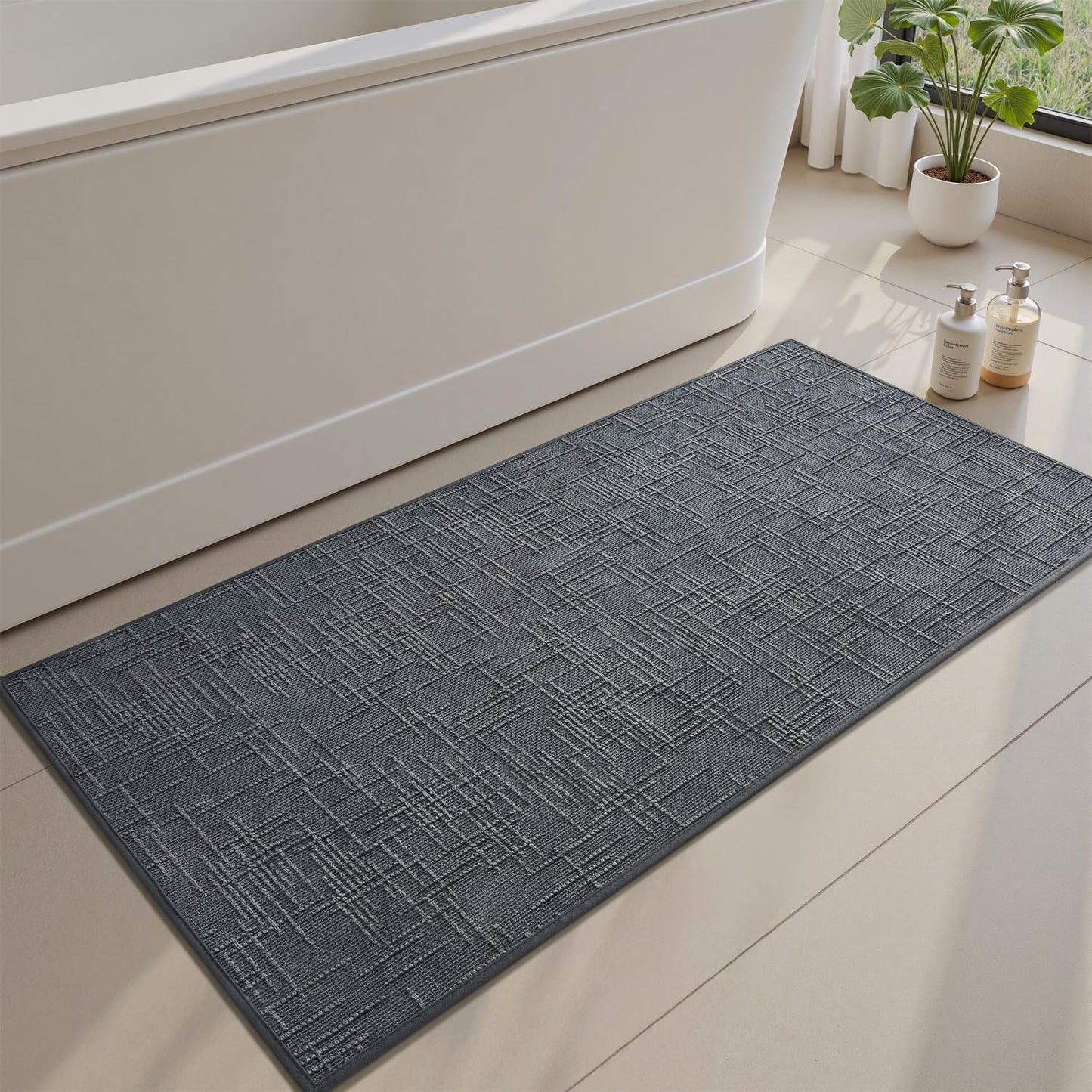 AMOAMI Bath Mat Non Slip Super Absorbent Quick Dry Bath Mats for Bathroom Floor Rubber Backing Washable Bathroom Rugs Modern Woven Jacquard Mat, Beside Tub Bath Rugs, 2'x4', Darkgrey