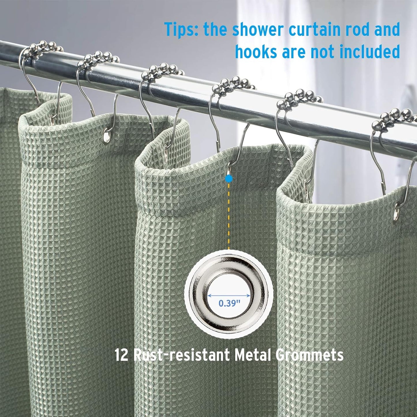 AmazerBath Sage Green Shower Curtain Fabric, Waffle Shower Curtain Cloth, Heavy Duty 240GSM, Hotel Quality Bathroom Shower Curtains, 72 x 72 Inches