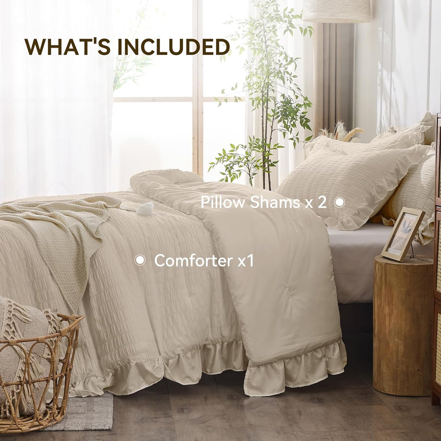 JOLLYVOGUE Beige Comforter Full Size, 3 Pieces Seersucker Lightweight Full Size Bedding, All Season Fluffy Microfiber Bedding Comforter Set with 1 Ruffle Comforter and 2 Ruffle Pillowshams
