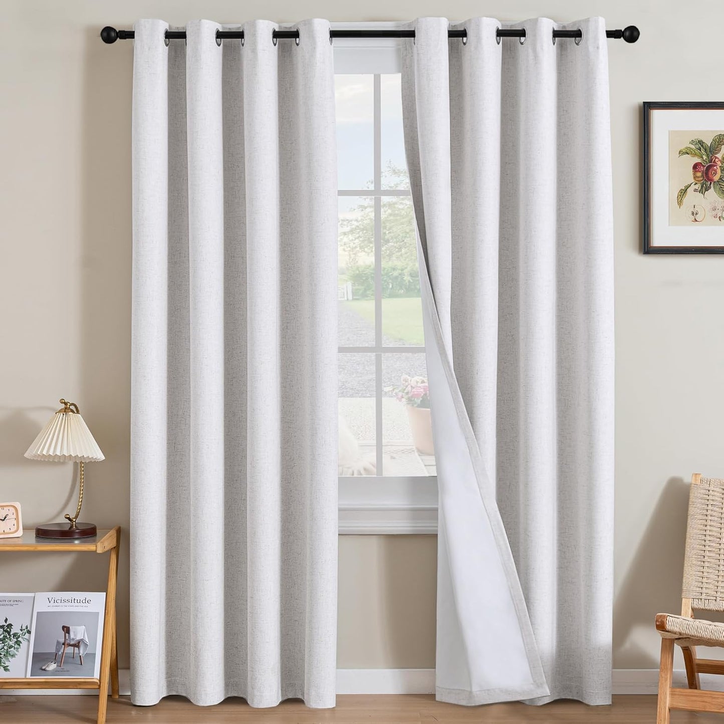 H.VERSAILTEX Linen Curtains 100% Blackout Curtains for Bedroom 108 inch Long Full Light Blocking Nature Linen Blended Window Curtains for Living Room Nickel Grommet (2 Panels, Heathered White)