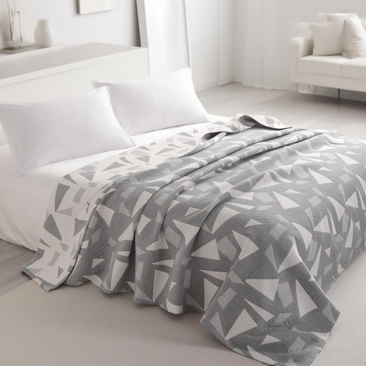 NTBAY 3 Layers Cotton Muslin 88x92 Queen Bed Blanket, Super Soft Breathable Thermal Yarn Dyed Quilt for Adults, Perfect Lightweight Blanket for Couch Sofa Bed All Seasons, Grey Triangle