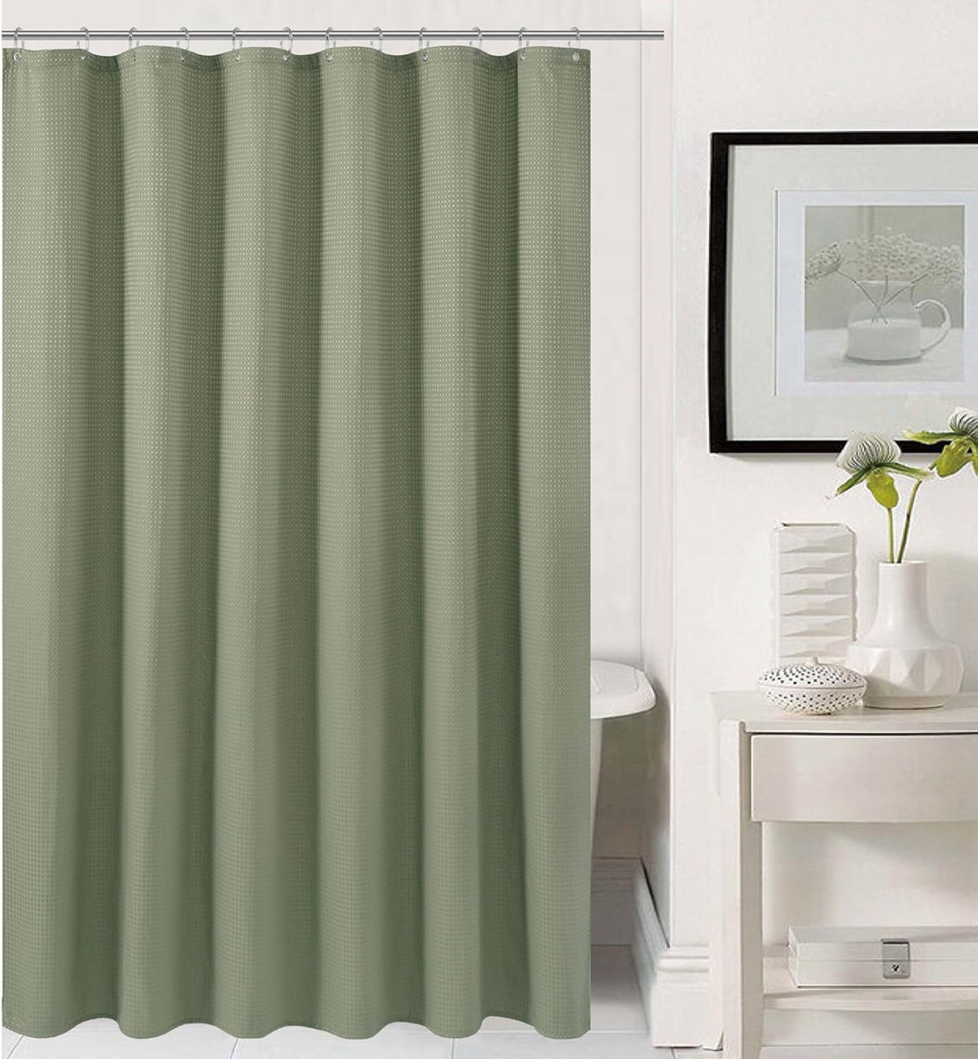 Short Waffle Weave Fabric Shower Curtain 66 inch Long , Hotel Luxury Spa, 230 GSM Heavy Duty, Water Repellent, Machine Washable, Sage Green Pique Pattern Decorative Bathroom Curtain, 71x66
