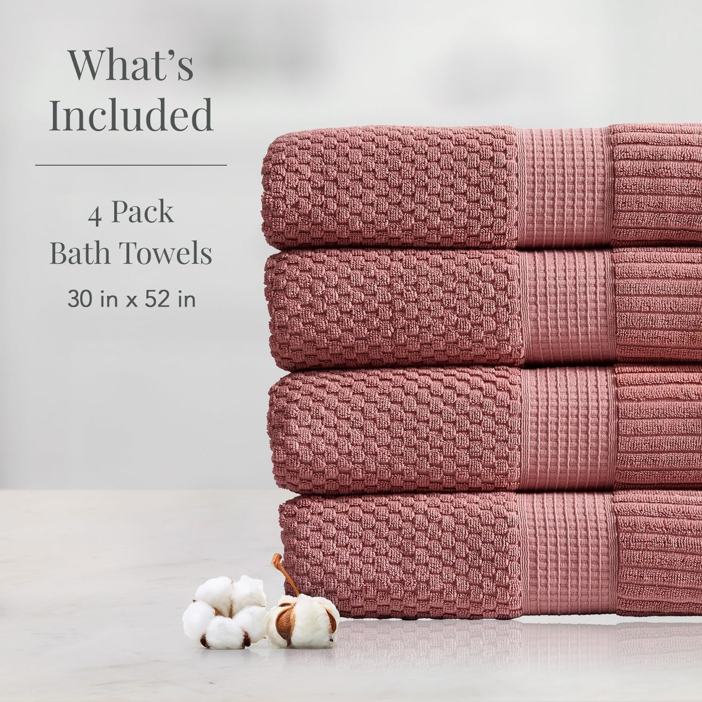 NY Loft 100% Cotton Bath Towel 4 Pack | Super Soft & Absorbent Quick-Dry Bath Towels 30" x 52" | Textured and Durable Cotton | Premium Thick Towels | Trinity Collection (4 Pack Bath Towel, Rose)