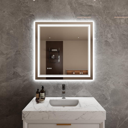 Bathroom Mirror with Lights 36"X36" with Front Light and Backlit, Tempered Glass, Wall Mount Horizontal/Vertical, Stepless Dimmable, 3 Colors, Anti Fog, Bathroom Memory LED Mirror
