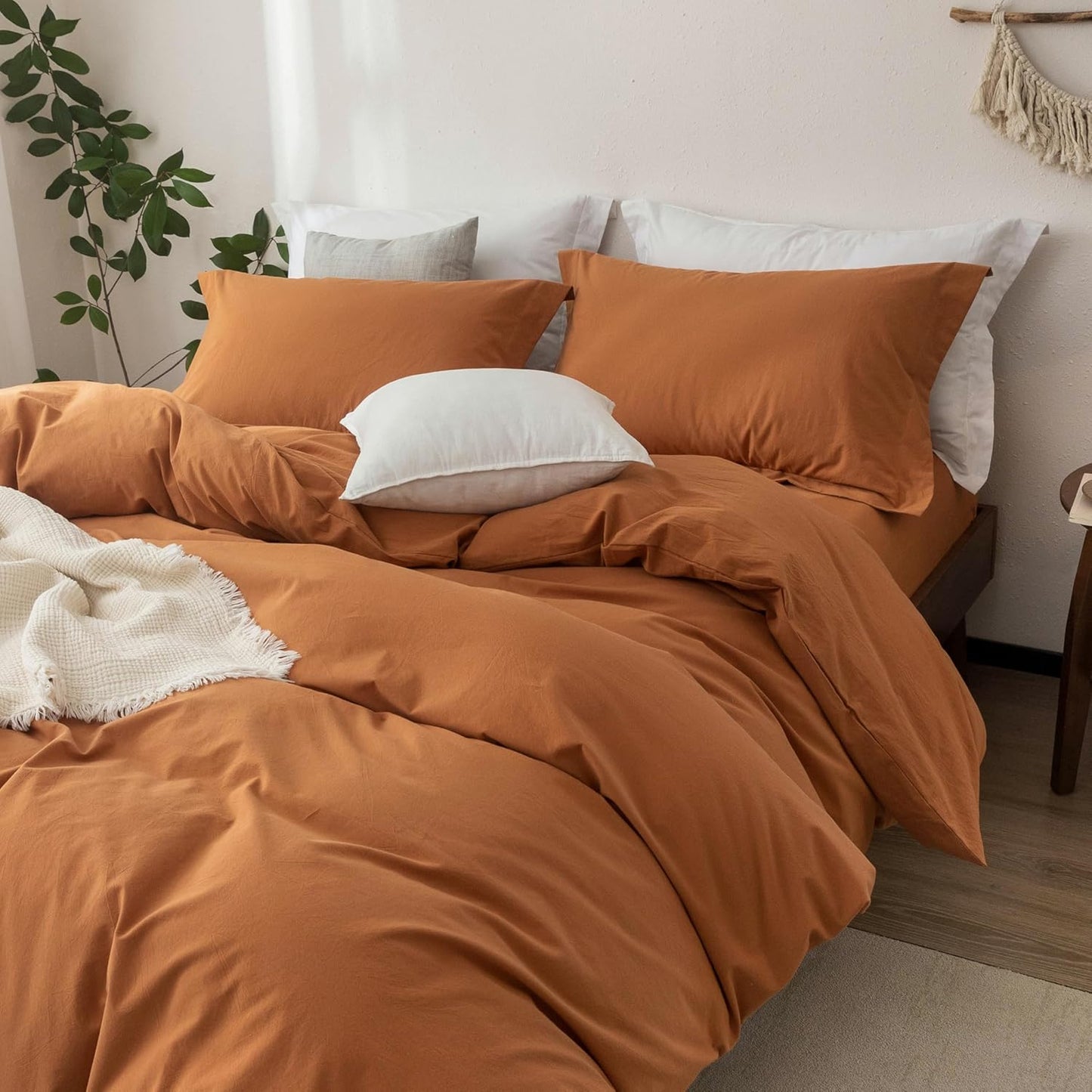 Linen Feel Duvet Cover King Size 104inch x 90inch,100% Washed Cotton Duvet Cover with Zipper Closure and 2 Pillowcases, Color of Burnt Orange