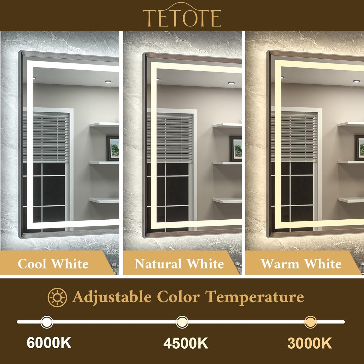 TETOTE 48 x 32 Bathroom LED Mirror Brushed Gunmetal Gray Frame Frontlit & Backlit Vanity Mirror Anti-Fog Stepless Dimmable 3 Colors White/Warm/Natural Wall-Mounted