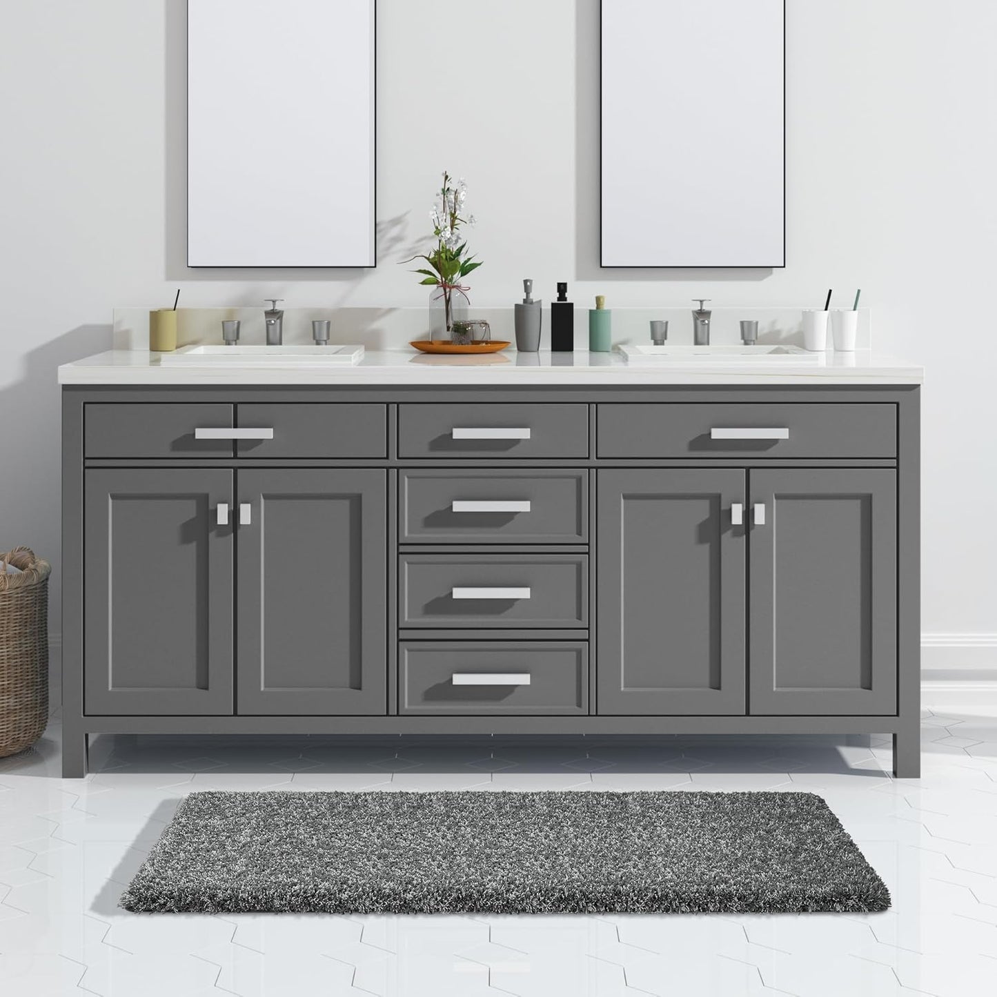 Yimobra Luxury Bathroom Rugs, Fluffy Bath Mats, Non Slip, Water Absorbent Microfiber, Machine Washable, Plush Runner Shower Rug, Thick Matts for Bathroom Floor/Tub, 47"x 24", Light Gray and Black Gray