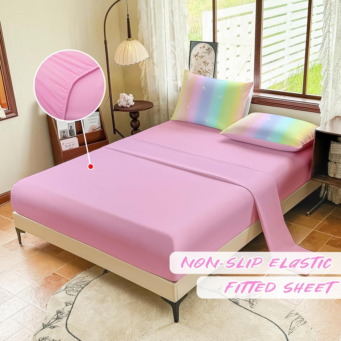 Rainbow Bedding Set Full Size – 5 Piece Reversible Girls Comforter with Deep-Pocket Sheet, Gradient Galaxy Design, Whole-Piece Filling, Machine Washable Bed-in-a-Bag for Kids Room Makeover & Gifts