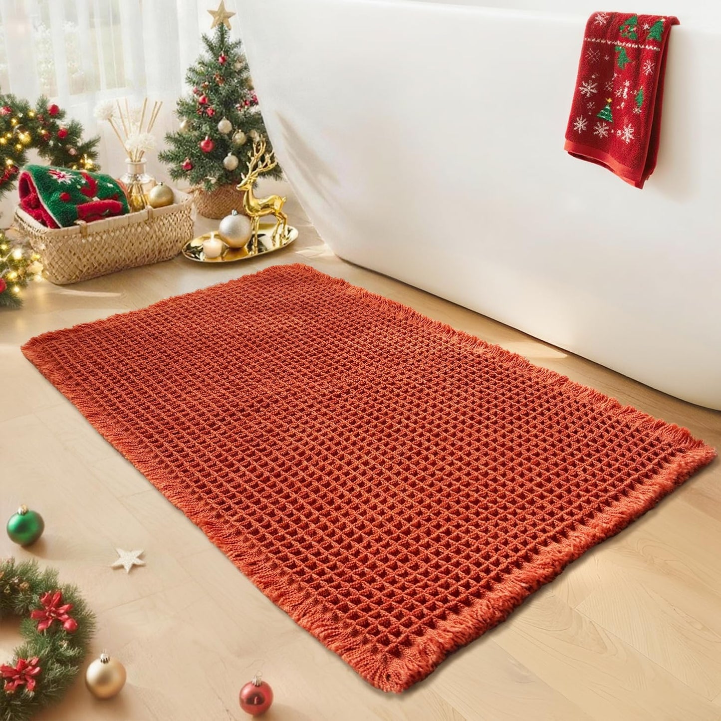 Waffle Bath Mat - Boho Bathroom Rugs Non Slip Washable, Super Absorbent & Quick Dry, Soft Bath Mat Farmhouse Bathroom Decor, 24'' x 36'', Dirty Orange