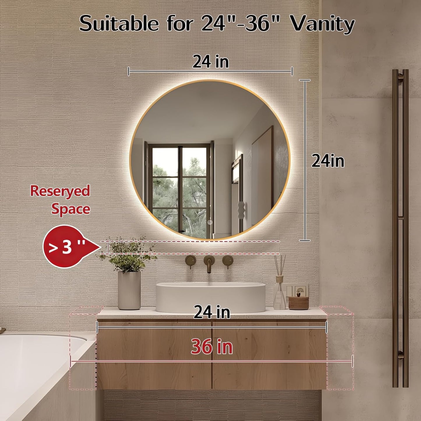 Niccy 24" LED Backlit Round Mirror for Bathroom, Gold Framed Vanity Light Wall Mirror LED Smart Circle Mirrors with 3 Lighting Colors, Dimmable Lighted Mirror with Anti-Fog, IP65 Waterproof