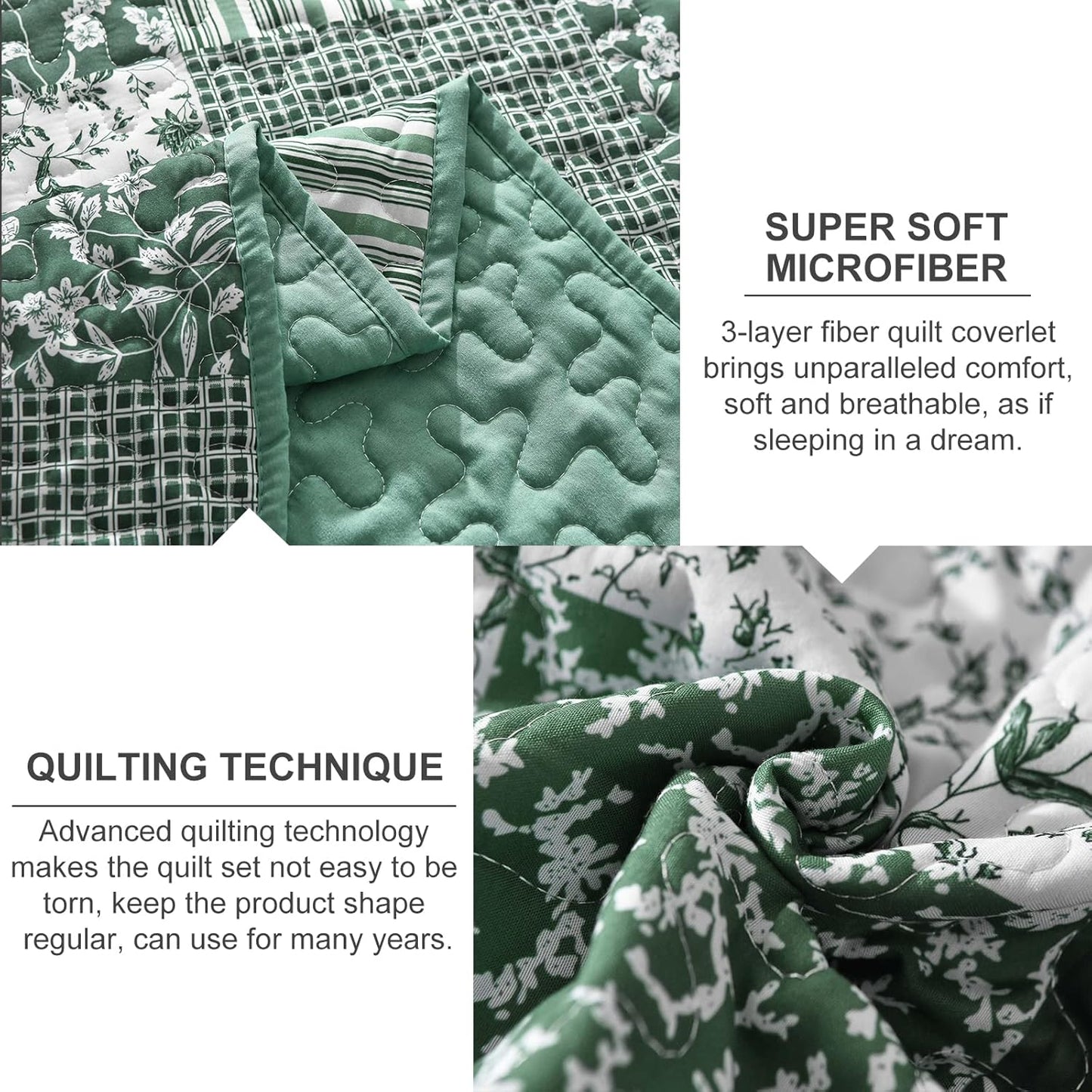 Mybedsoul Sage Green Boho King Quilt Set, 3-Piece Reversible Soft Plaid Floral Bedding Set with 2 Pillow Shams - Sage Green King Size Quilt Bedspread Coverlet Set 90"x104"