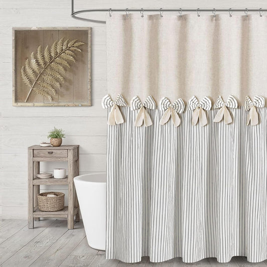 Farmhouse Shower Curtain Linen Bow Woven Fabric Country Rustic Western, Pleated Green Stripe 72" W x 72" L