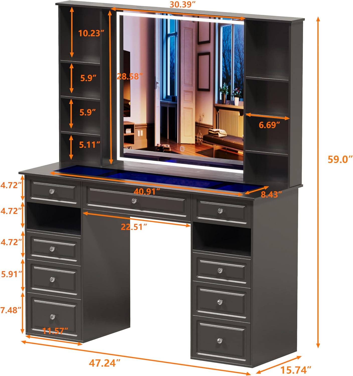 Vanity Desk with Mirror and Light, Glass Top Dresser with 9 Drawers, Vanity Table with Storage, Dressing Table, Bedroom Makeup Desk for Women (Black-Glass Top)