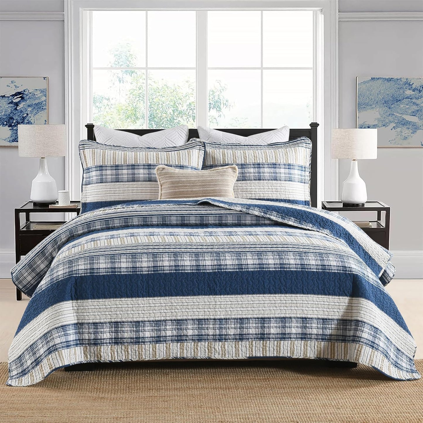 Homzard Twin Comforter- Blue Twin Bedding Sets, Plaid Striped Twin Quilt, Blue White Tan Quilt 100% Cotton, Farmhouse Comforter Bedspread 2 Pieces