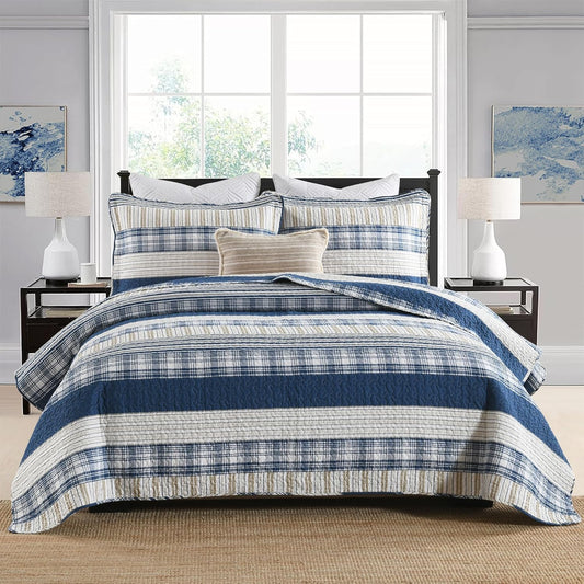 Homzard Twin Comforter- Blue Twin Bedding Sets, Plaid Striped Twin Quilt, Blue White Tan Quilt 100% Cotton, Farmhouse Comforter Bedspread 2 Pieces