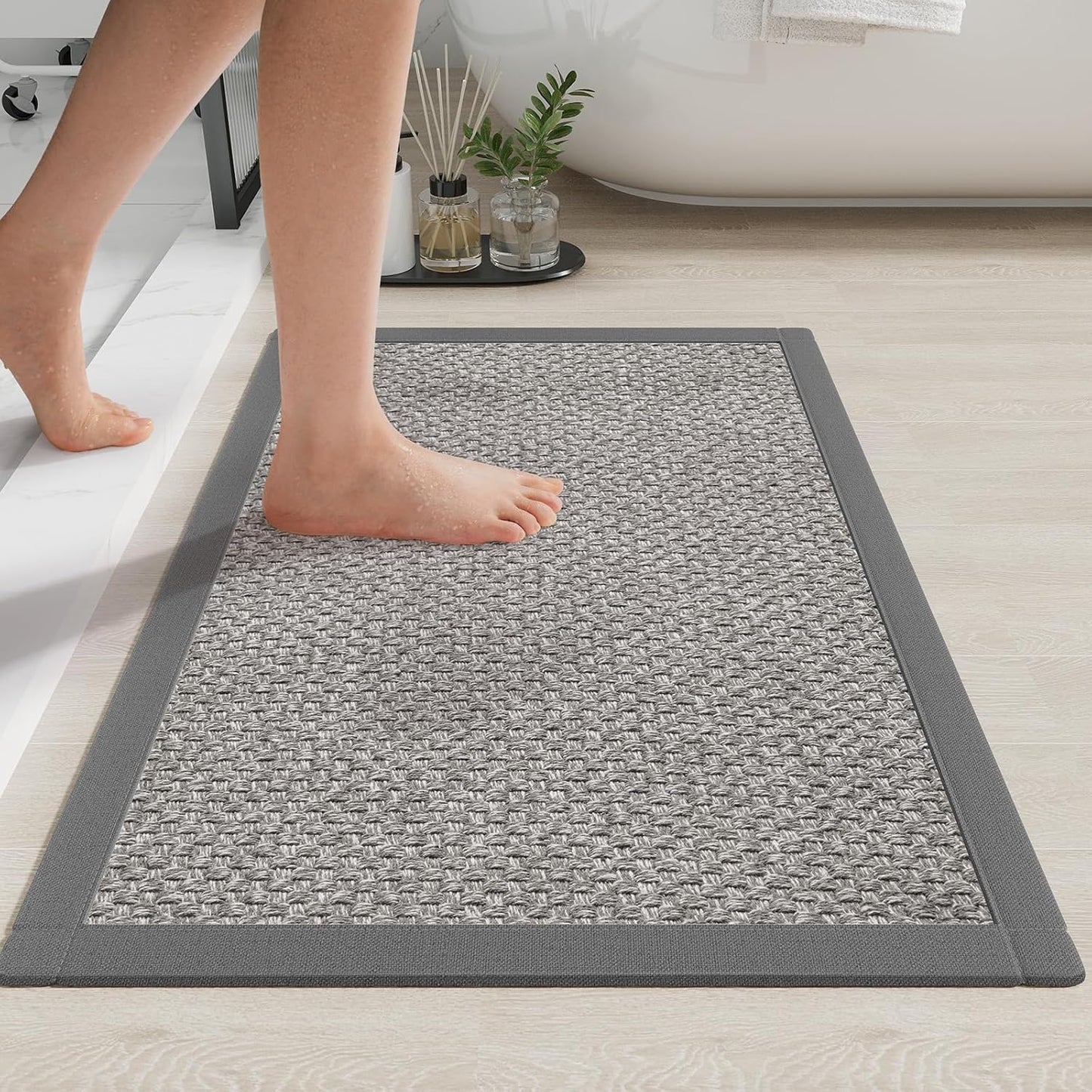 Bath Mat Bathroom Rugs Non Slip Washable, Soft Jute-Like Ultra Thin Bath Mats, Rubber Backing Super Absorbent Quick Dry Thin Bath Rug Shower Mat Fit Under Door Bathroom Tub Floor, Gray 20" x 32"
