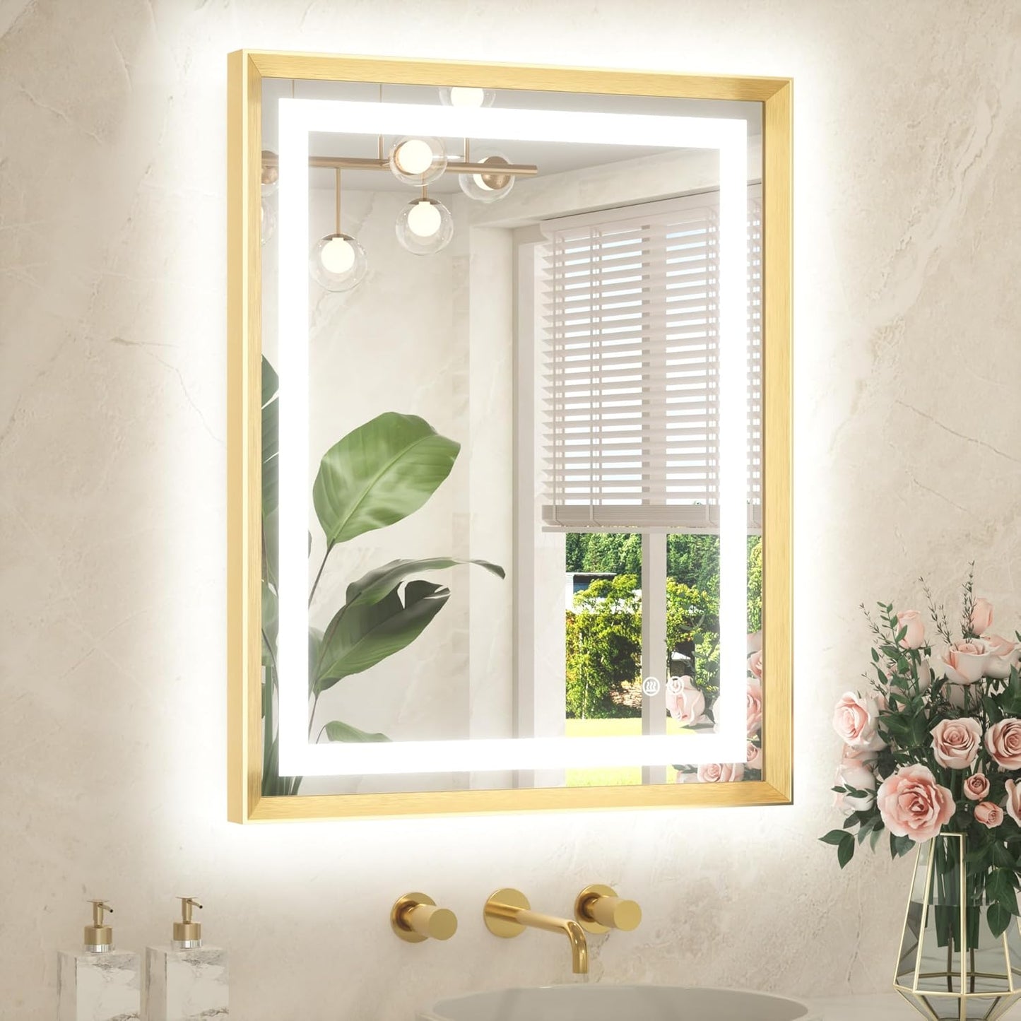 TETOTE 24 x 30 Bathroom Mirror Brushed Gold Metal Frame Frontlit & Backlit Vanity Mirror 3 Colors White/Warm/Natural Stepless Dimmable Anti-Fog Bathroom Mirrors for Vanity Wall-Mounted
