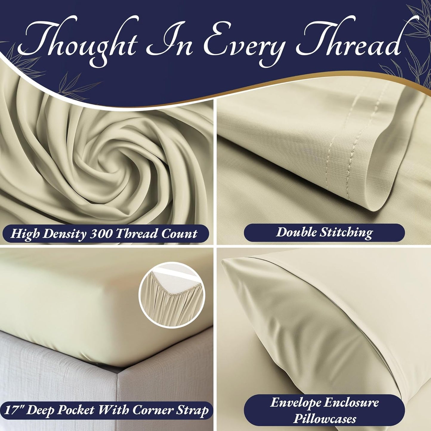 DECOLURE 100% Viscose Derived from Bamboo Sheets Full Size 4pcs - Ultra Soft & Luxuriously Cooling, 17" Deep Pocket, Double Stitching, Perfect for Hot Sleepers - Full Bed Sheets (Creme)
