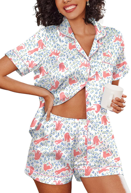 Ekouaer Pajamas for Women Set Silk Satin Pjs Shorts Sleepwear 2 Piece Loungewear S-XXL