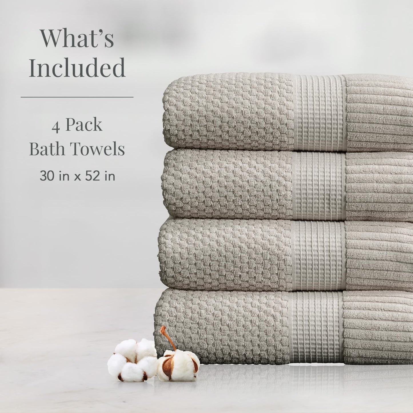 NY Loft 100% Cotton Bath Towel 4 Pack | Super Soft & Absorbent Quick-Dry Bath Towels 30" x 52" |Textured and Durable Cotton | Trinity Collection (4 Pack Bath Towel, Quiet Grey)