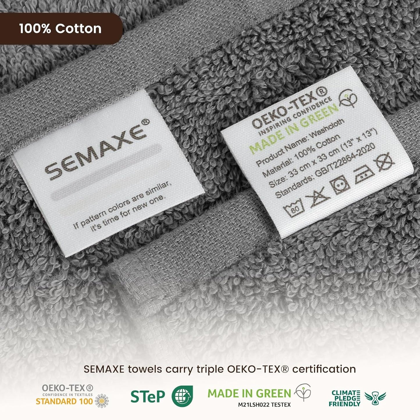 SEMAXE 100% Cotton Washcloths for Bathroom - 24 Pack, Quick-Dry Face Towels with Hanging Loop, Highly Absorbent and Soft, 13x13 Inch, Yellow & Grey