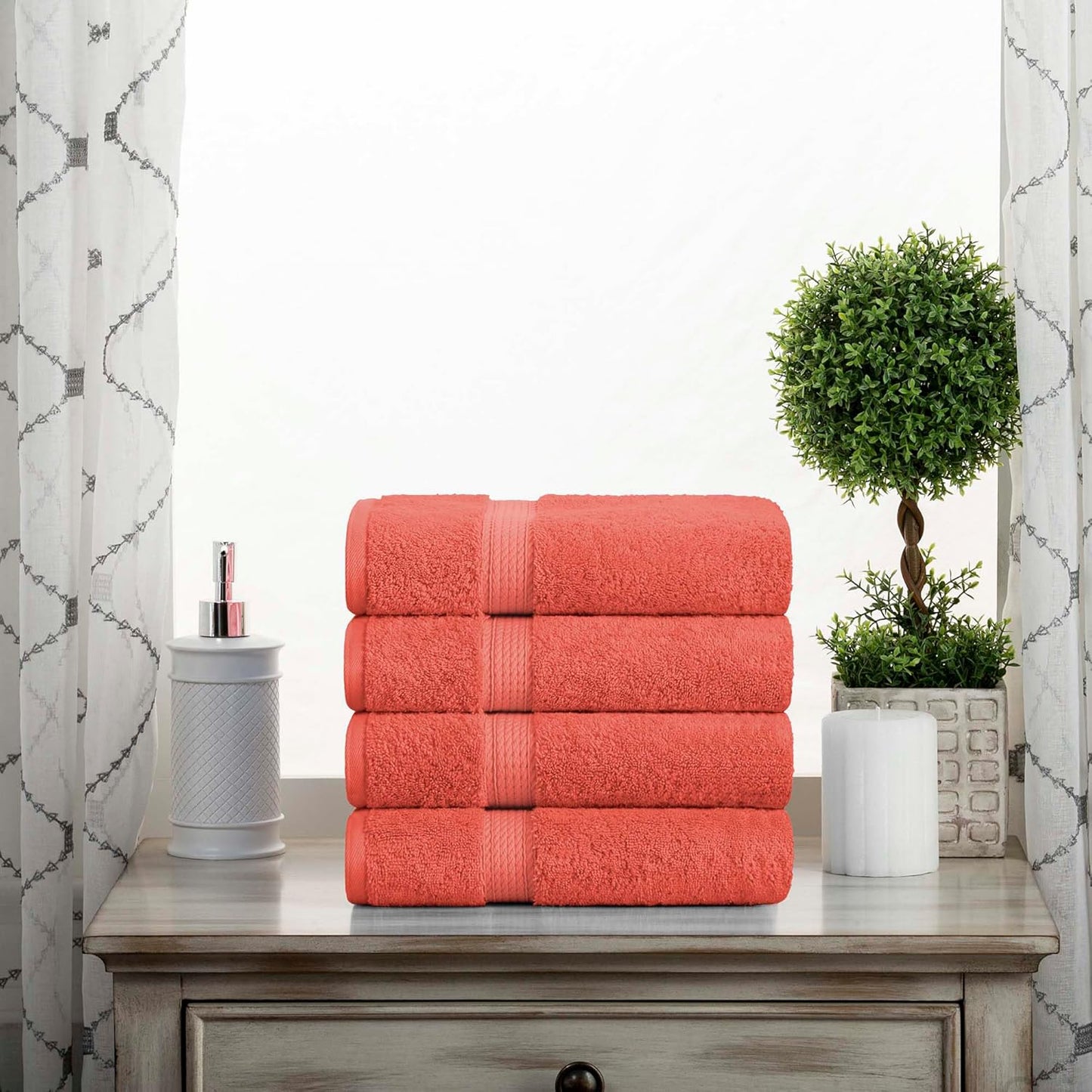 Superior Egyptian Cotton Pile Hand Towel Set of 4, Ultra Soft Luxury Towels, Thick Plush Essentials, Absorbent Heavyweight, Guest Bath, Hotel, Spa, Home Bathroom, Shower Basics, Coral