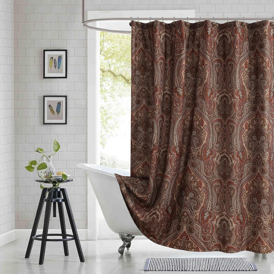 Extra Long Fabric Shower Curtain, Reddish Brown Damask Paisley Print Shower Curtains for Bathroom, 72" W x 84" H