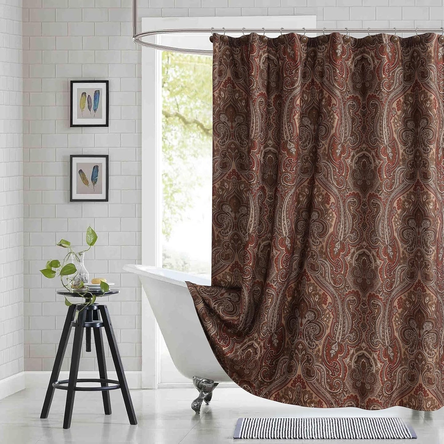90 Inch Fabric Shower Curtain, Extra Long Reddish Brown Damask Paisley Print Shower Curtains for Bathroom, 72" W x 90" H