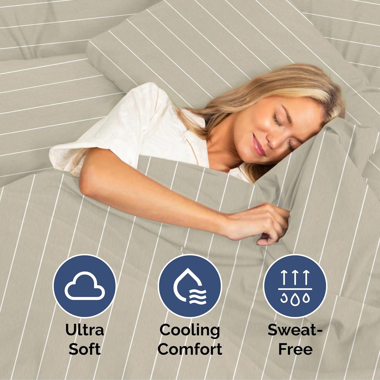 Cal King Size 4 Piece Sheet Set - Extra Soft, Breathable & Cooling Sheets - Hotel Luxury Bed Sheets for Women & Men - Deep Pockets, Easy-Fit & Wrinkle-Free Sheets - Beige Stripes Oeko-Tex Bed Sheets