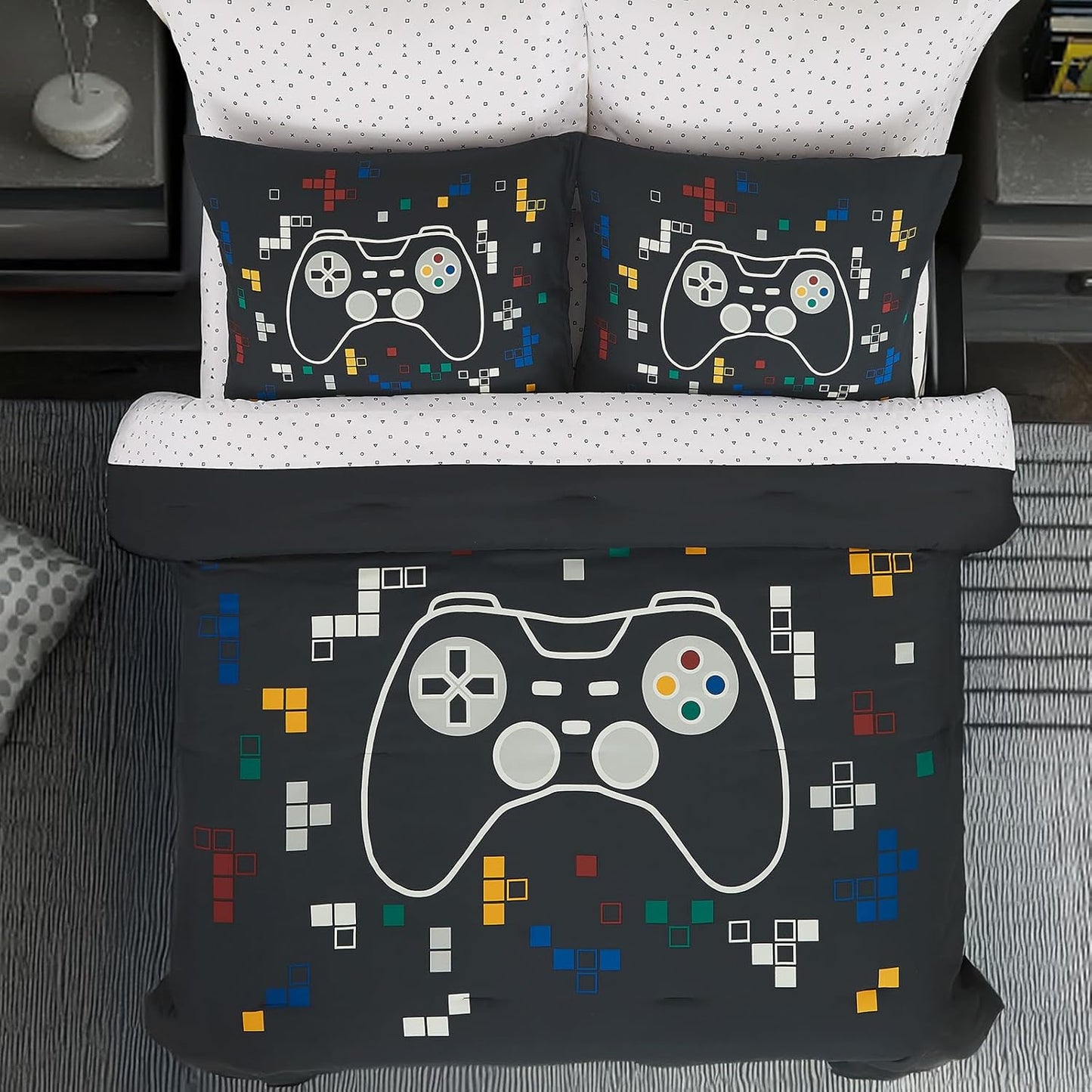 Full Size Comforter Set for Boys-7 Pieces Gamer Glow in The Dark Full Bedding Sets for Kids, Ultra Soft Bed in A Bag with Sheets