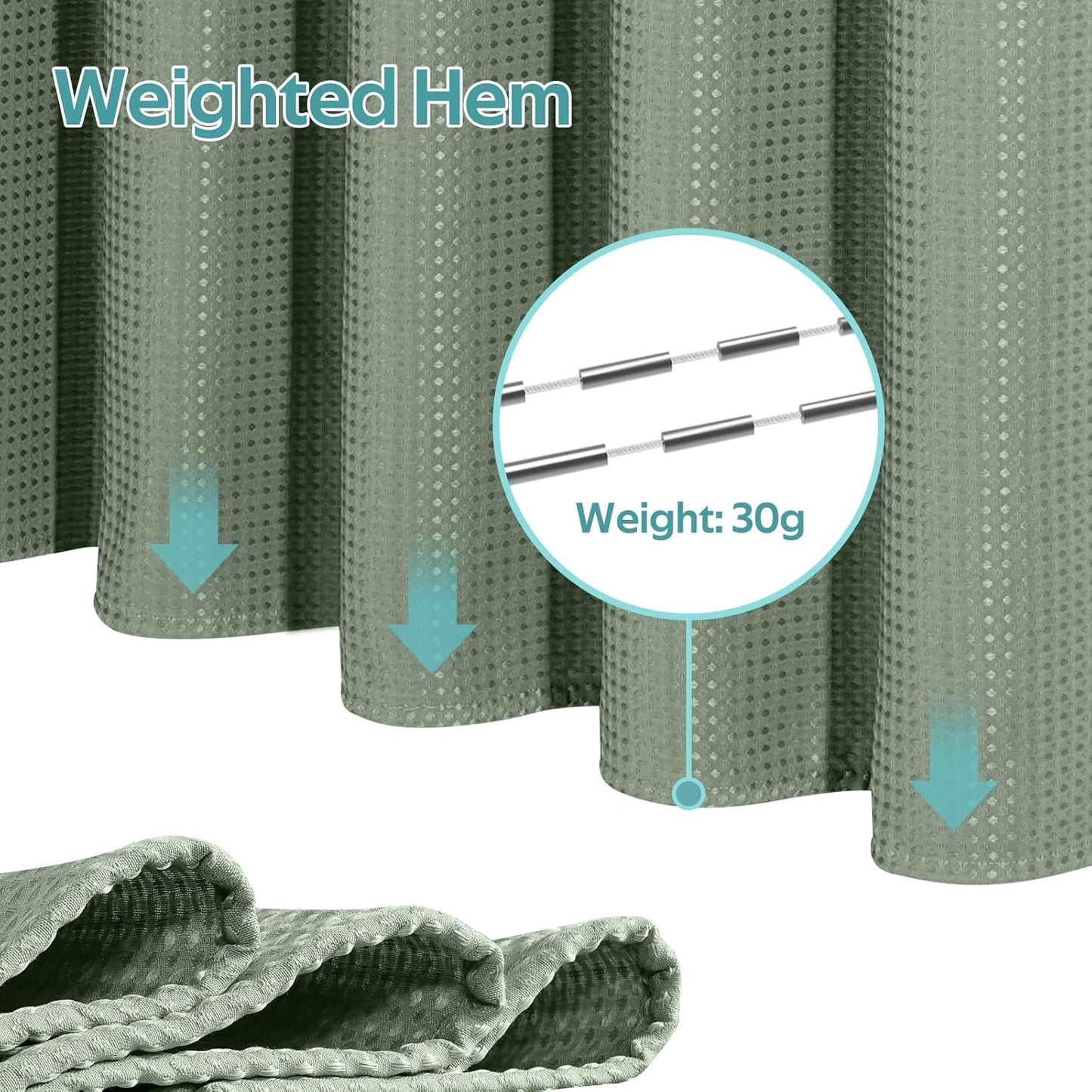 3 in 1 Shower Curtain Set, Waffle Shower Curtain and Liner Set with 12 Double Sided Shower Curtain Hooks, 258GSM Luxury Weighted Cloth Shower Curtains for Bathroom, 72 W x 72 H, Sage Green