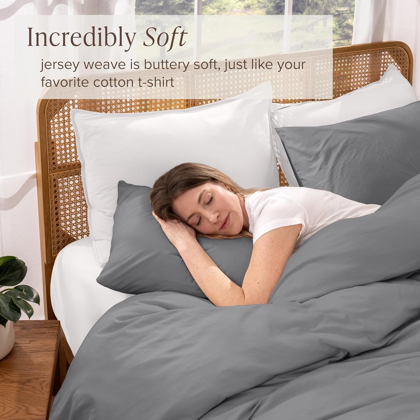 Bare Home 100% Organic Cotton Jersey Duvet Cover Set - Full/Queen Size - Ultra Soft - 100% Cotton - 3pcs - Corner Ties - Button Closure - Envelope Pillowcases (Full/Queen, Grey)