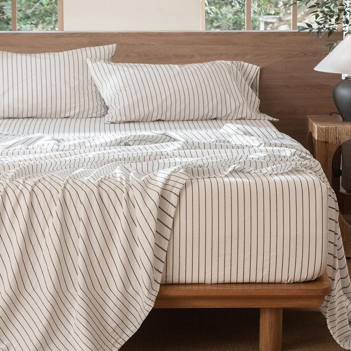 MooMee Striped Sheet Set 100% Washed Cotton Linen Like Textured Breathable Durable Soft Comfy (White Dark Grey Wide Stripes, King)