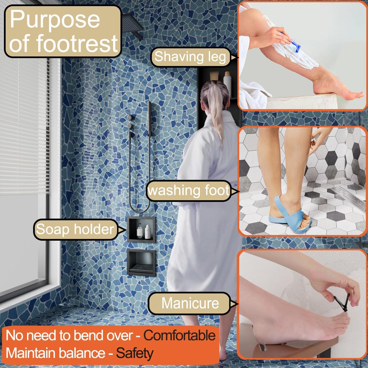 Recessed Wall Soap Holder for Shower Niche,Shower Foot Rest for Shave Legs,Stainless Steel 304 Footrest，Matte Black,5.9 in x 4.8 in x 3.9 in