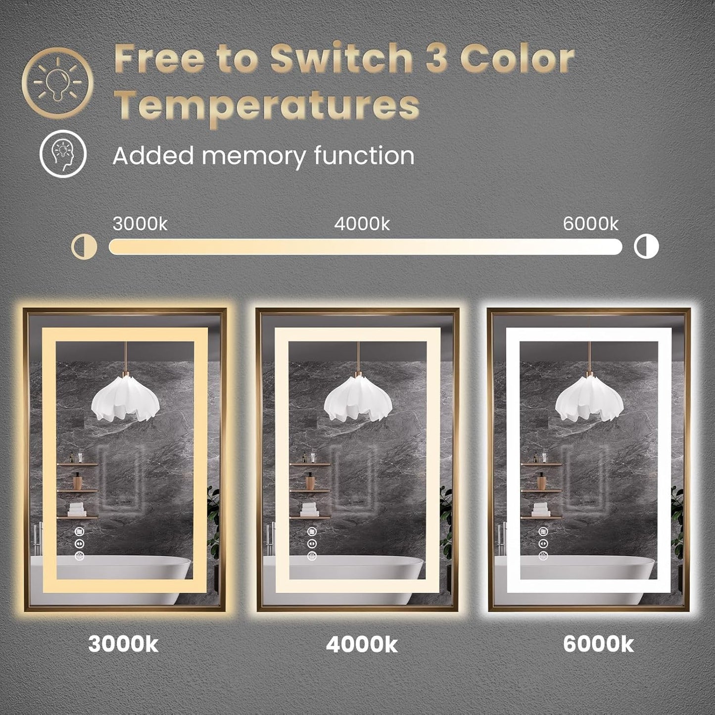 Amorho 55"x 36" LED Bathroom Mirror, Golden Metal Framed Mirror with Front Light and Backlit, Stepless Dimmable, Anti-Fog, Shatter-Proof, Memory, 3 Colors