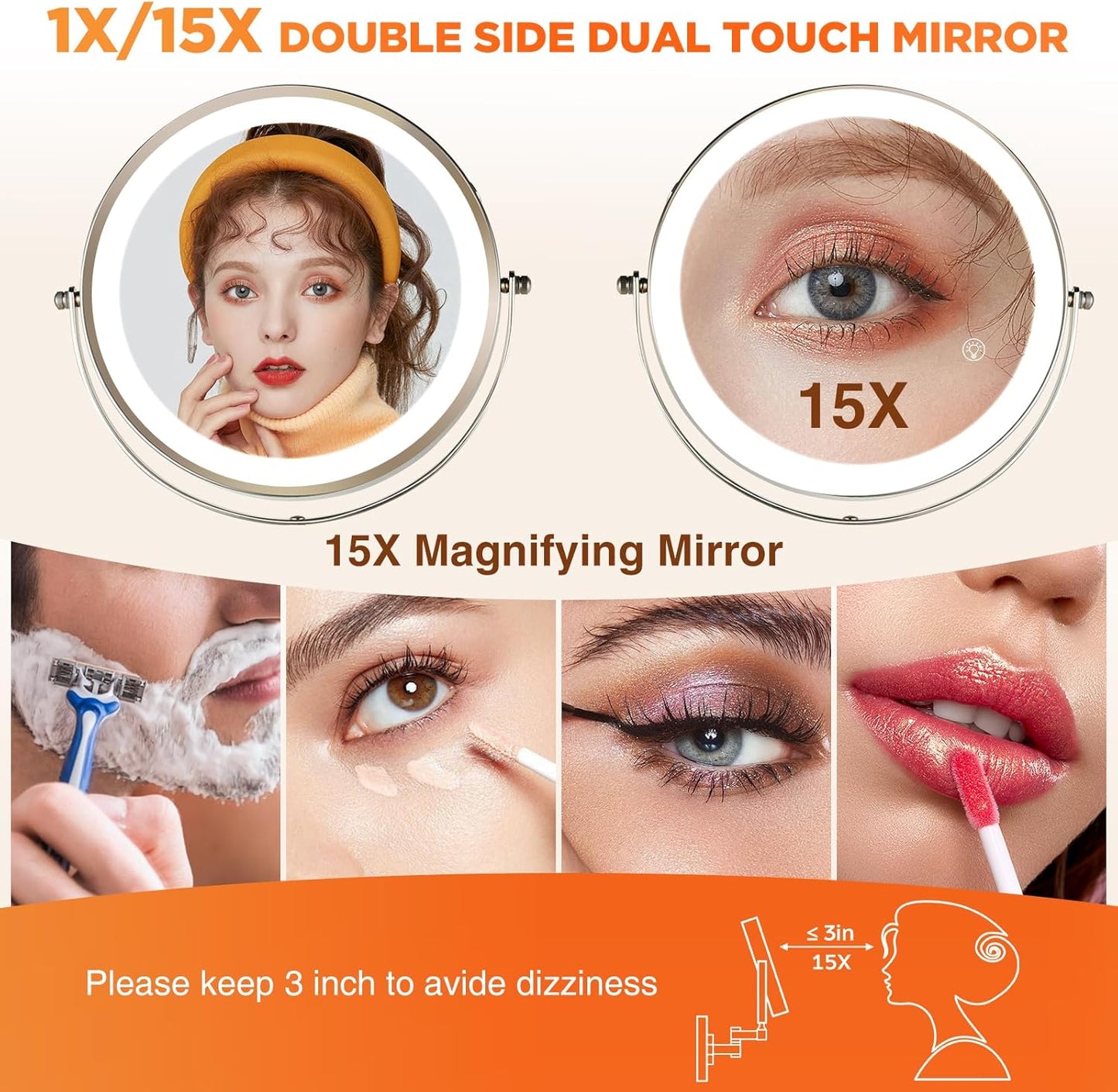 15x Wall Mounted Makeup Mirror, 8" Rechargeable Double-Sided Magnifying Mirror, 3 Color Lights for Makeup,365°Swivel for Shaving - Nickel