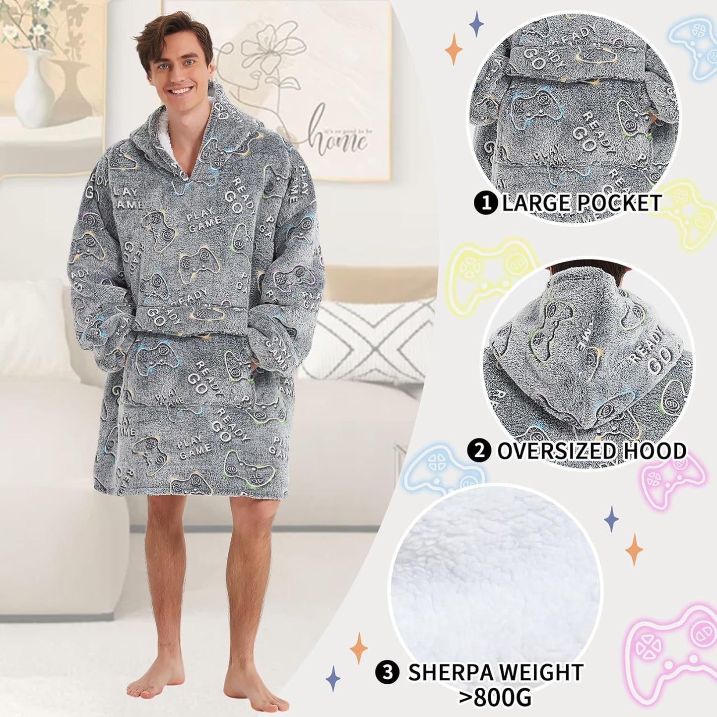 Glow in The Dark Game Controller Wearable Blanket Hoodie for Adult,Oversized Sherpa Fleece Blanket Hoodie for Women Men,Gamer