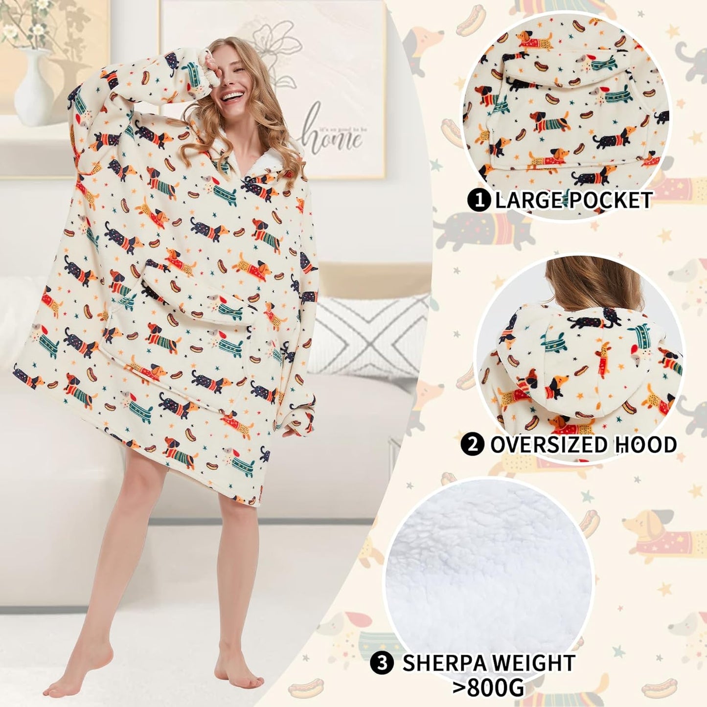 Wearable Blanket Hoodie for Adult,Oversized Sherpa Fleece Blanket Hoodie for Women Men,Dachshund