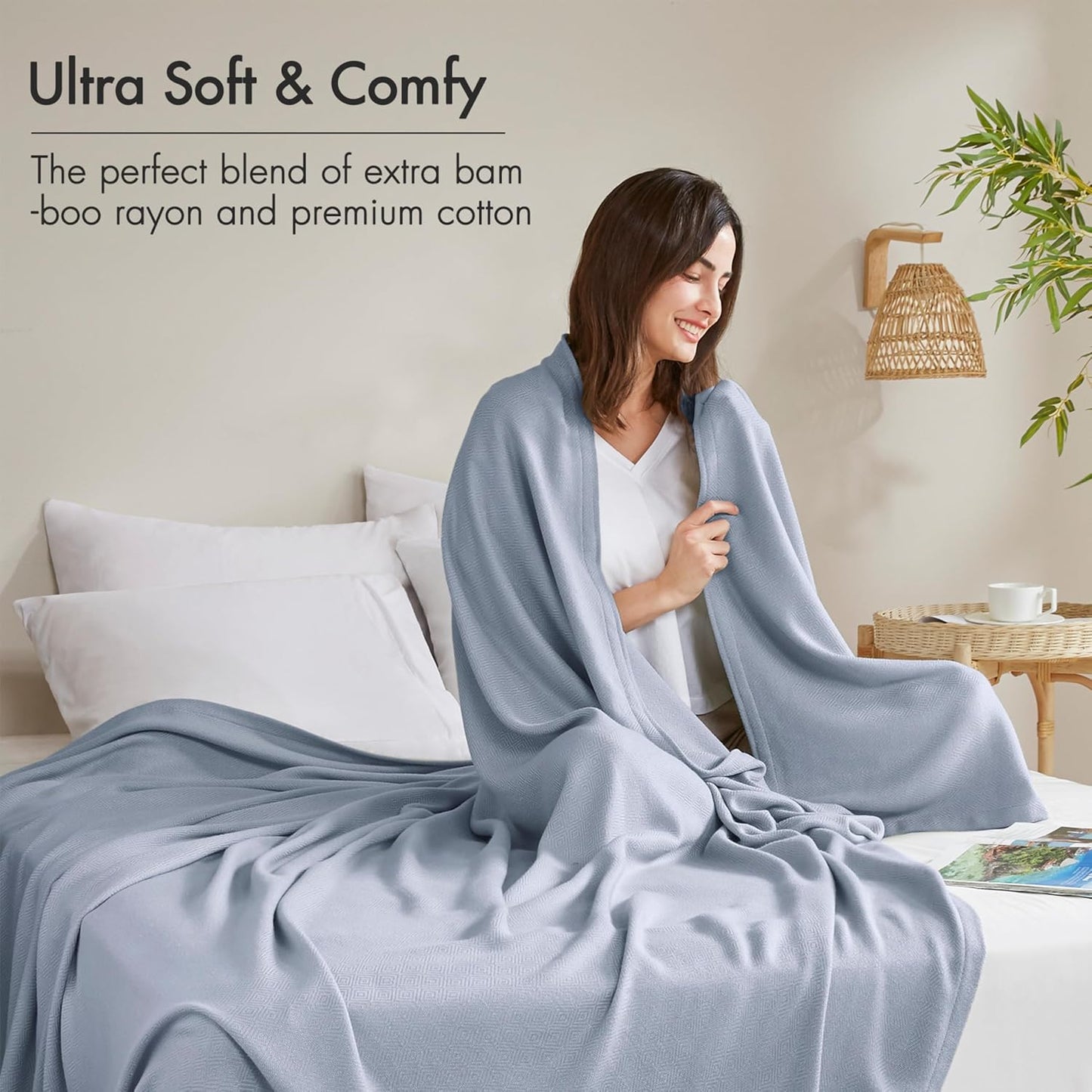 Madison Park King Size Blanket, 70% Rayon Bamboo-Based, 30% Cotton, Breathable for Hot Sleepers Menopause, Ultra Soft and Snag-Resistant, Summer Blanket for Bed or Couch, King 108"x90", Light Blue