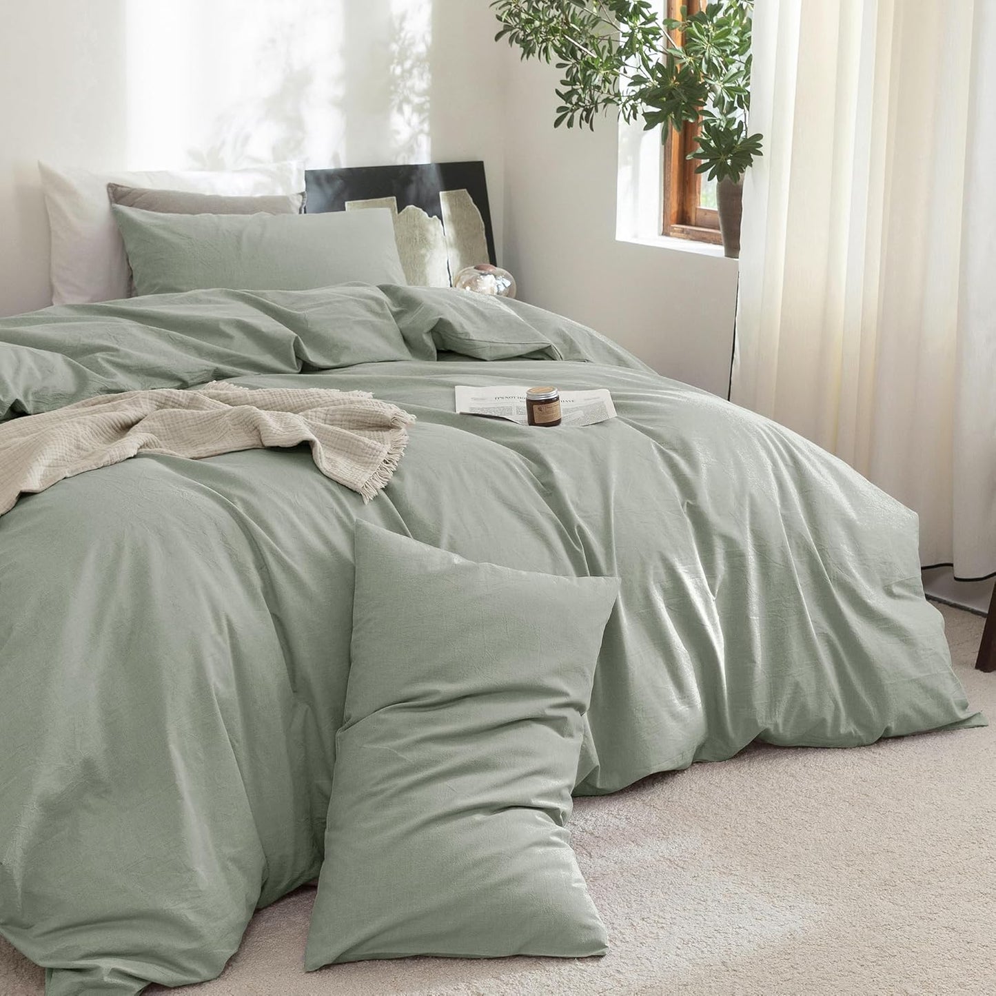 FOSSA Duvet Cover Set 100% Washed Cotton Linen Feel Super Soft Breathable Cozy 3 Pieces Bedding Sets Solid Sage Green Super Queen