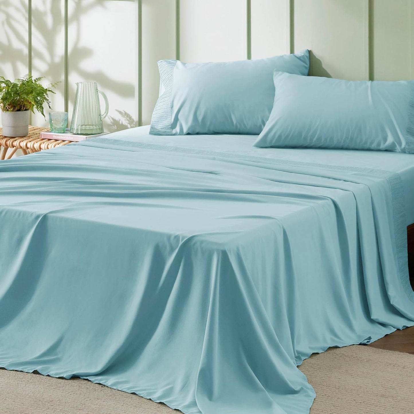 Bedsure Full Size Bed Sheets - 4 Pieces Soft Full Sheet Set - Breathable & Cooling - Hotel Luxury - Easy Care Polyester Microfiber Bedding for Women, Men, Spa Blue