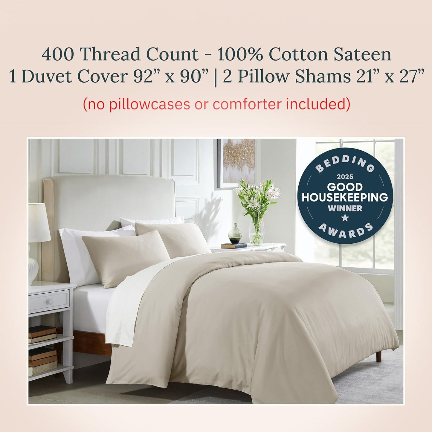 California Design Den 3 Pc 100% Cotton Duvet Cover Set Queen Size/Full Size - Winner Good Housekeeping Best Bedding Awards 2025, 400 Thread Count Sateen, Soft and Durable - Beige (Golden Tone)