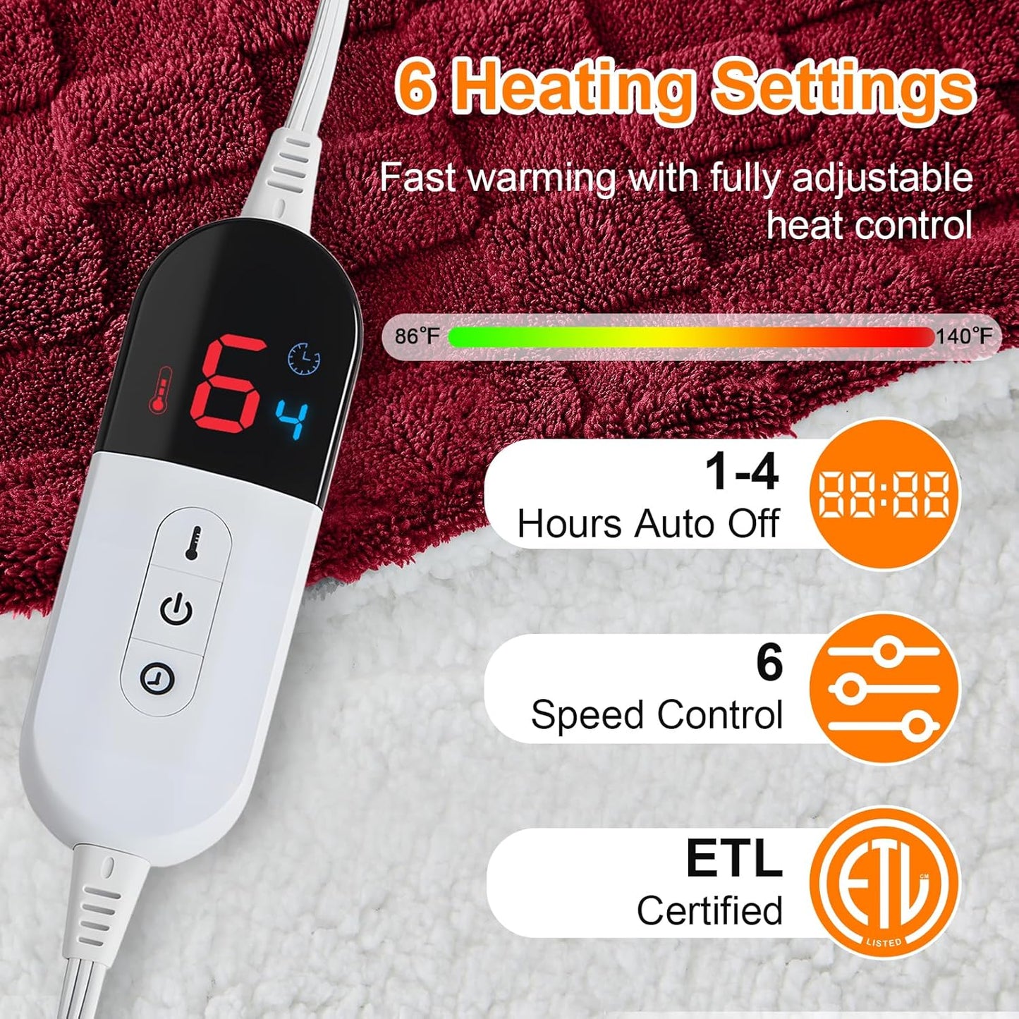 Electric Heated Throw Blanket - Jacquard Checkered Sherpa 50"x60" Fast Heating Bed Blankets with 6 Heating Levels & 4 Hours Auto Off, Over-Heat Protection ETL, Red